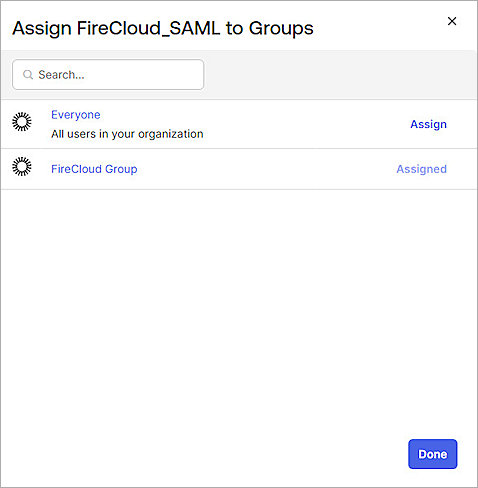 Screenshot of Okta, Assignment page of SAML application step 2